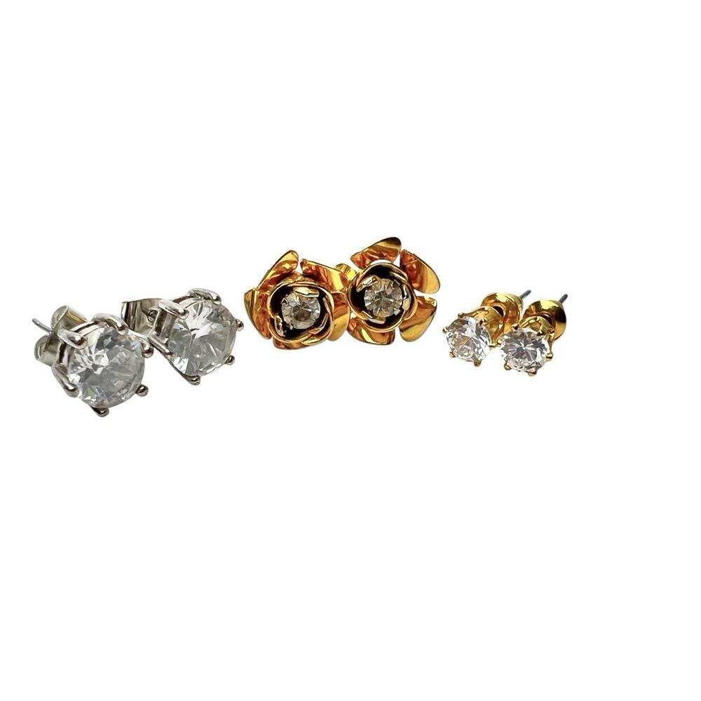 Rhinestone Stud Earrings Lot 3 Pair Faceted Solitaire Pierced Dainty Old Money